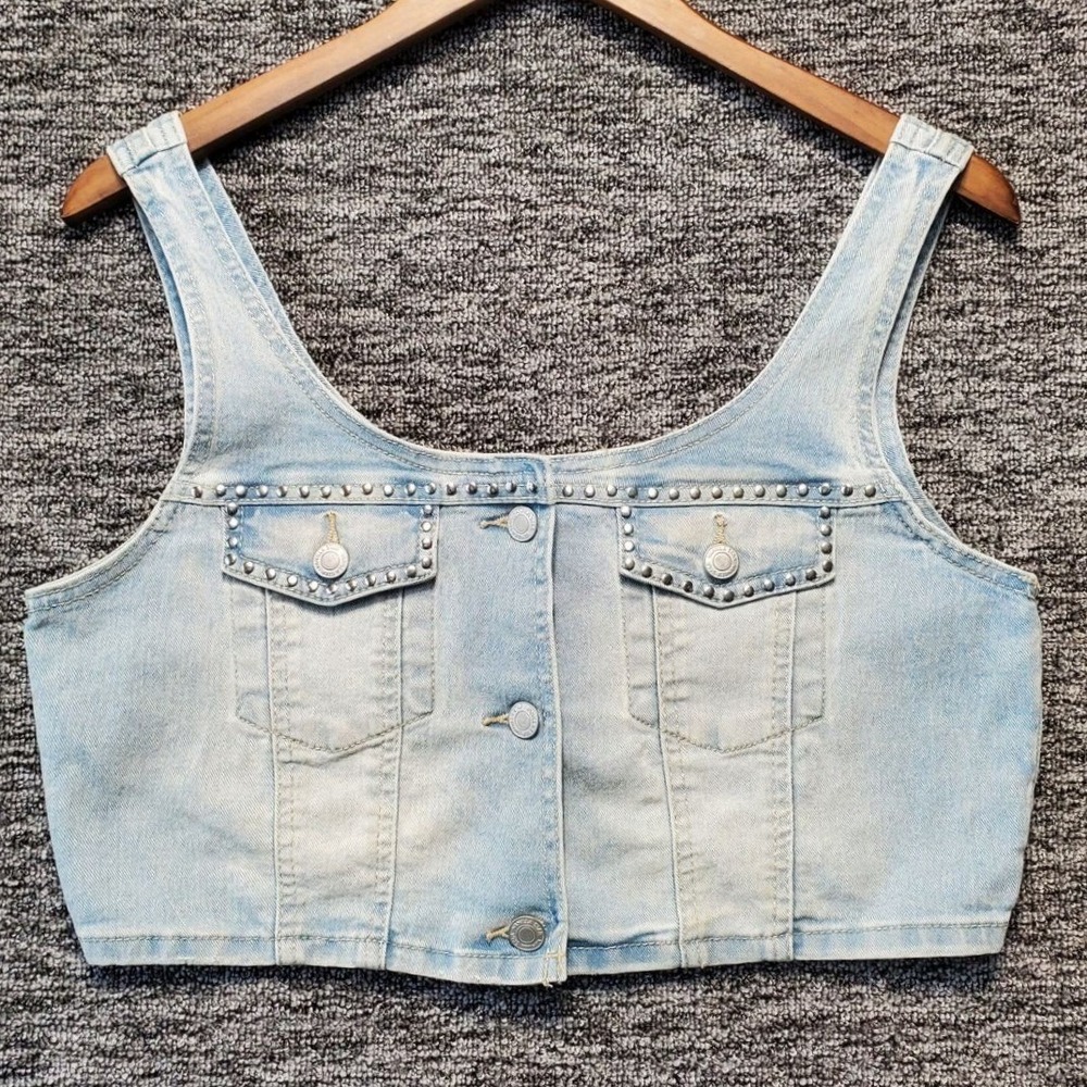 Vanilla Star Denim Crop Top Vest Light Wash Studded Button Up Womens Size Medium